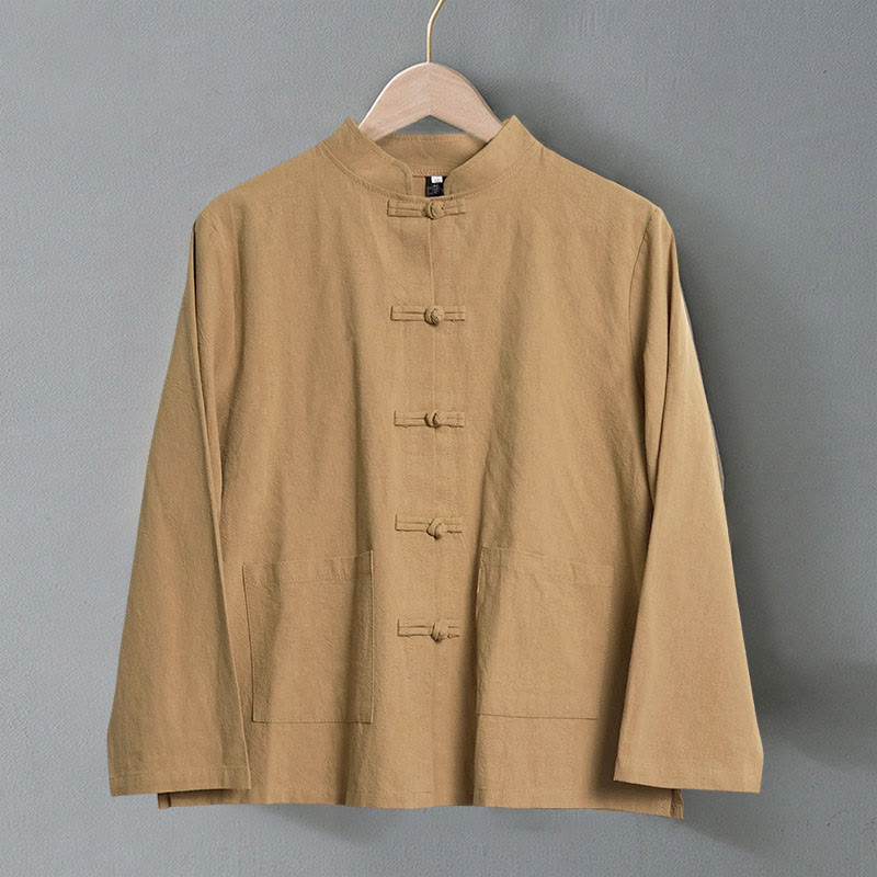 Camicia da donna in cotone con colletto rialzato, maniche lunghe, bottoni etnici a forma di rana, con tasche Buddha Stones - image 1