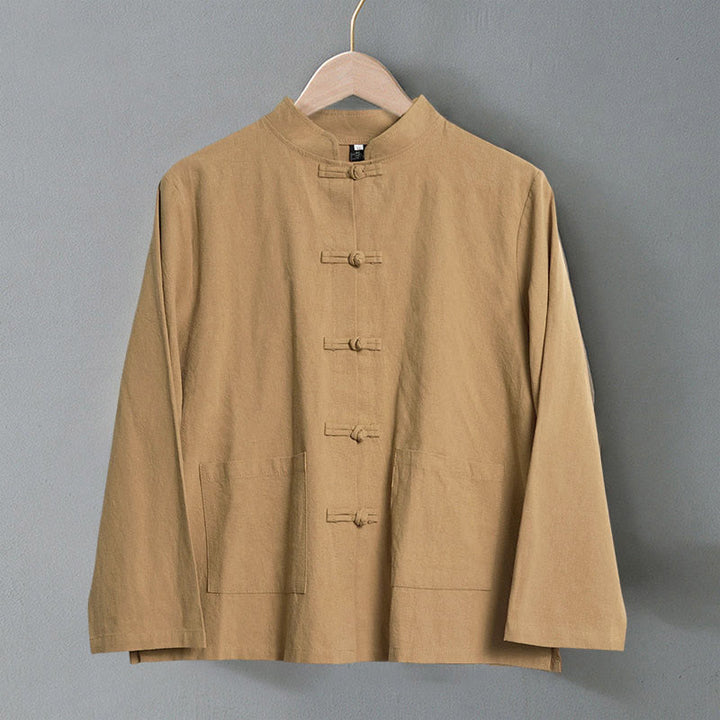 Camicia da donna in cotone con colletto rialzato, maniche lunghe, bottoni etnici a forma di rana, con tasche Buddha Stones - image 1