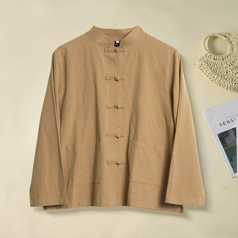 Camicia da donna in cotone con colletto rialzato, maniche lunghe, bottoni etnici a forma di rana, con tasche Buddha Stones - DarkGoldenrod - US12, UK/AU16, EU44 (2XL) - image 0