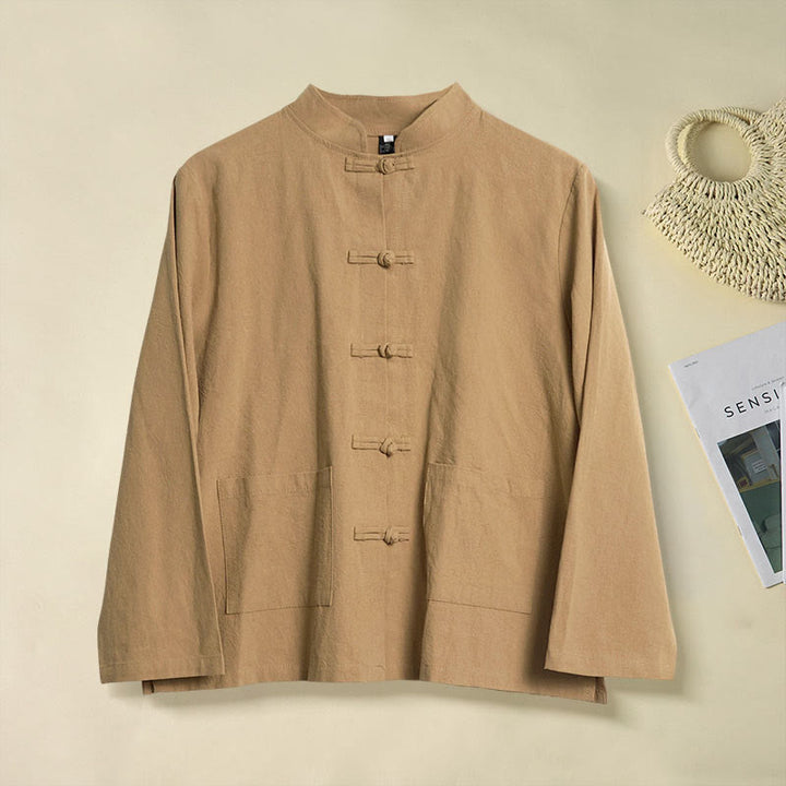 Camicia da donna in cotone con colletto rialzato, maniche lunghe, bottoni etnici a forma di rana, con tasche Buddha Stones - DarkGoldenrod - US12, UK/AU16, EU44 (2XL) - image 0