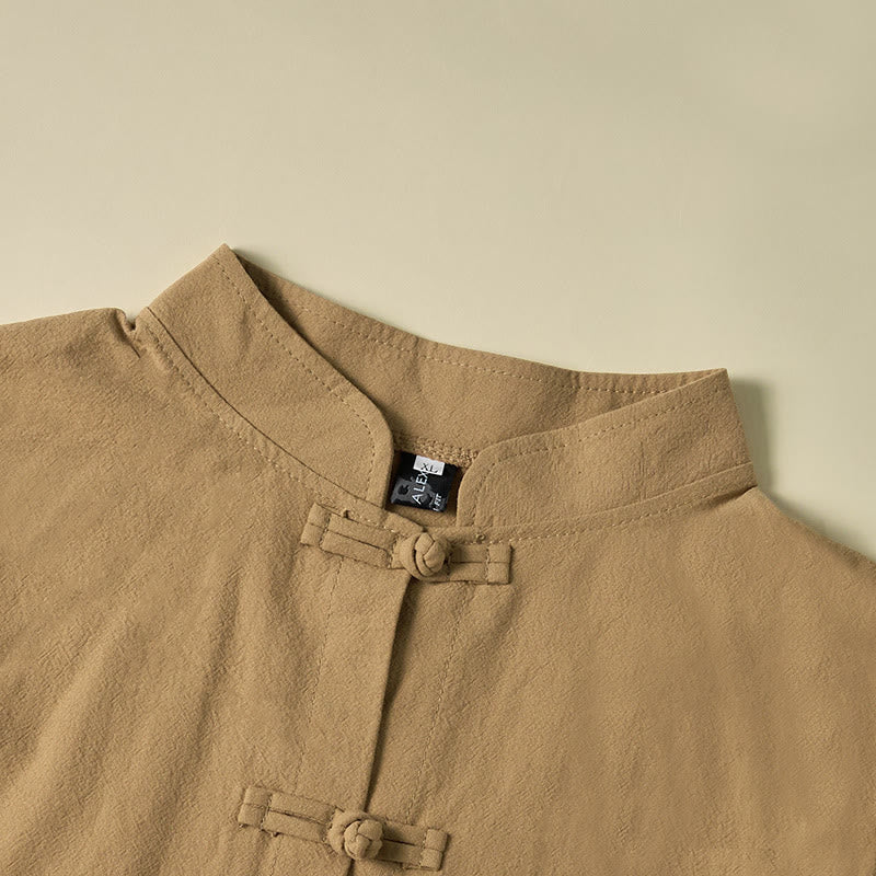 Camicia da donna in cotone con colletto rialzato, maniche lunghe, bottoni etnici a forma di rana, con tasche Buddha Stones - image 2