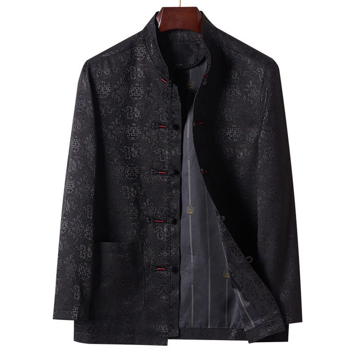 Giacca da uomo in stile Tang con colletto rialzato, maniche lunghe, ricamo con Buddha Stones e tasche - Nero - US/UK/AU42, EU52 (3XL) - image 11