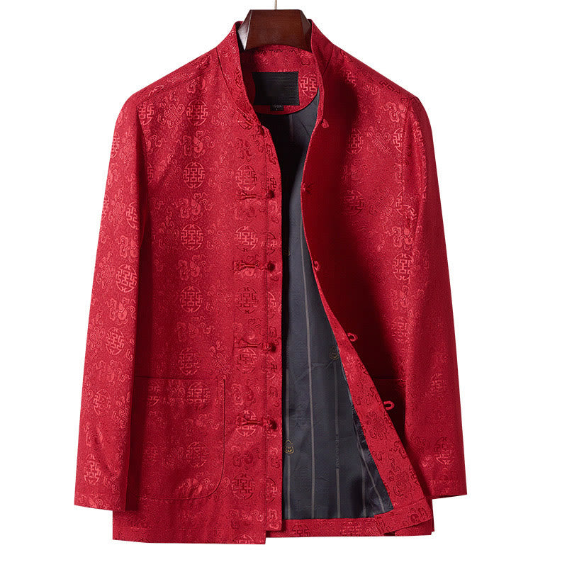Giacca da uomo in stile Tang con colletto rialzato, maniche lunghe, ricamo con Buddha Stones e tasche - Rosso - US/UK/AU44, EU54 (4XL) - image 0