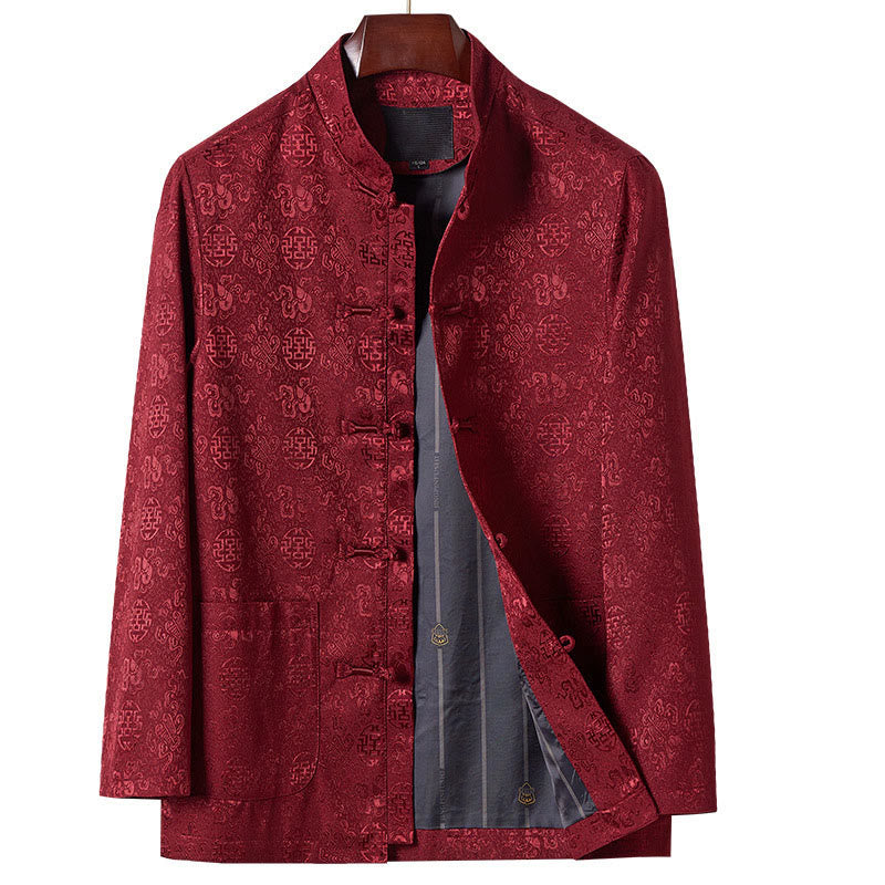 Giacca da uomo in stile Tang con colletto rialzato, maniche lunghe, ricamo con Buddha Stones e tasche - Rosso scuro - US/UK/AU42, EU52 (3XL) - image 1