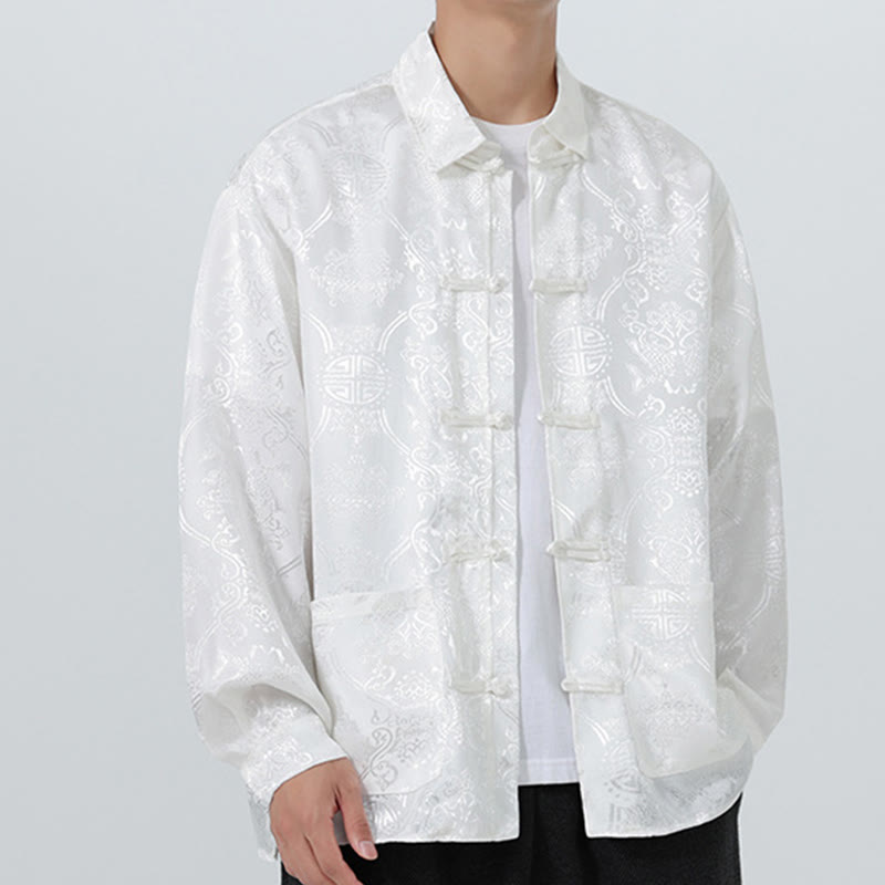 Giacca da uomo in stile tang con bottoni a rana, tasche e risvolto in jacquard primaverile con maniche lunghe Buddha Stones - image 26