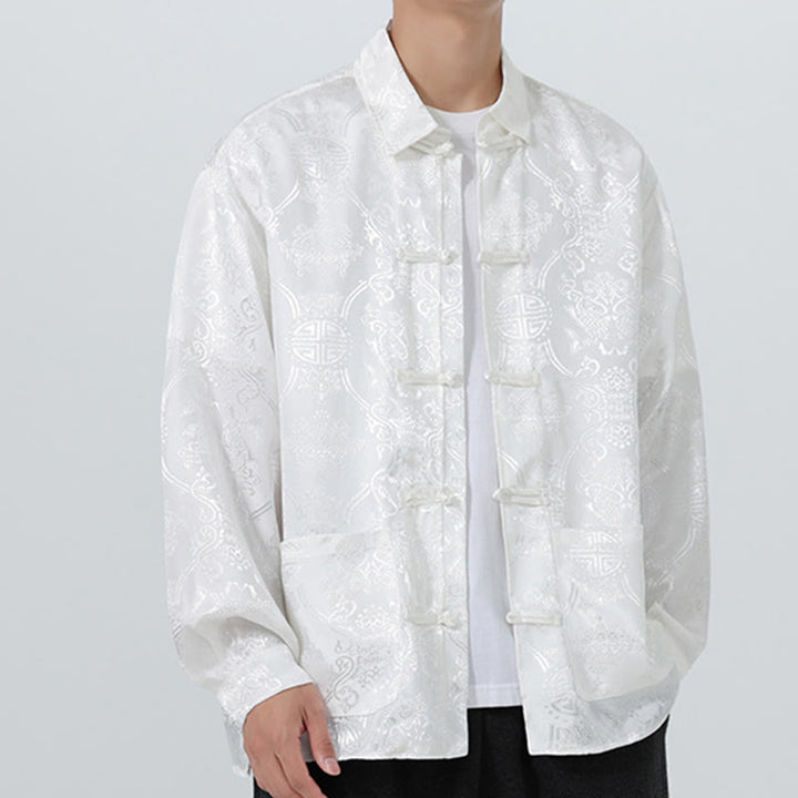 Giacca da uomo in stile tang con bottoni a rana, tasche e risvolto in jacquard primaverile con maniche lunghe Buddha Stones - image 26