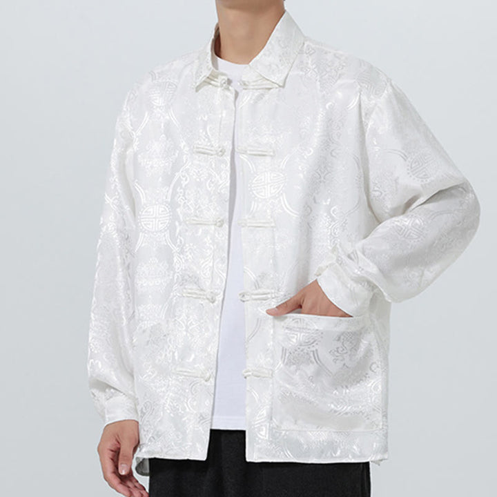 Giacca da uomo in stile tang con bottoni a rana, tasche e risvolto in jacquard primaverile con maniche lunghe Buddha Stones - image 24