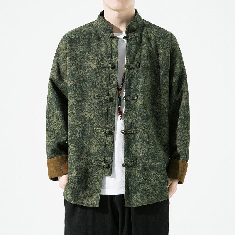 Giacca da uomo in cotone a maniche lunghe con bottoni cinesi a forma di rana, motivo floreale stampato primaverile Buddha Stones - Verde scuro - US/UK/AU46, EU56 (5XL) - image 0