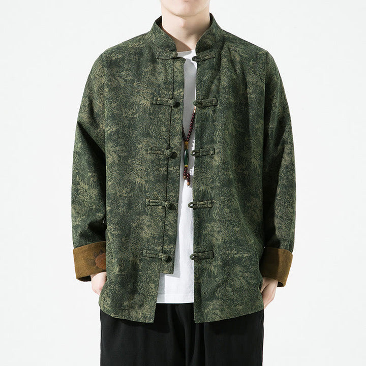 Giacca da uomo in cotone a maniche lunghe con bottoni cinesi a forma di rana, motivo floreale stampato primaverile Buddha Stones - Verde scuro - US/UK/AU46, EU56 (5XL) - image 0