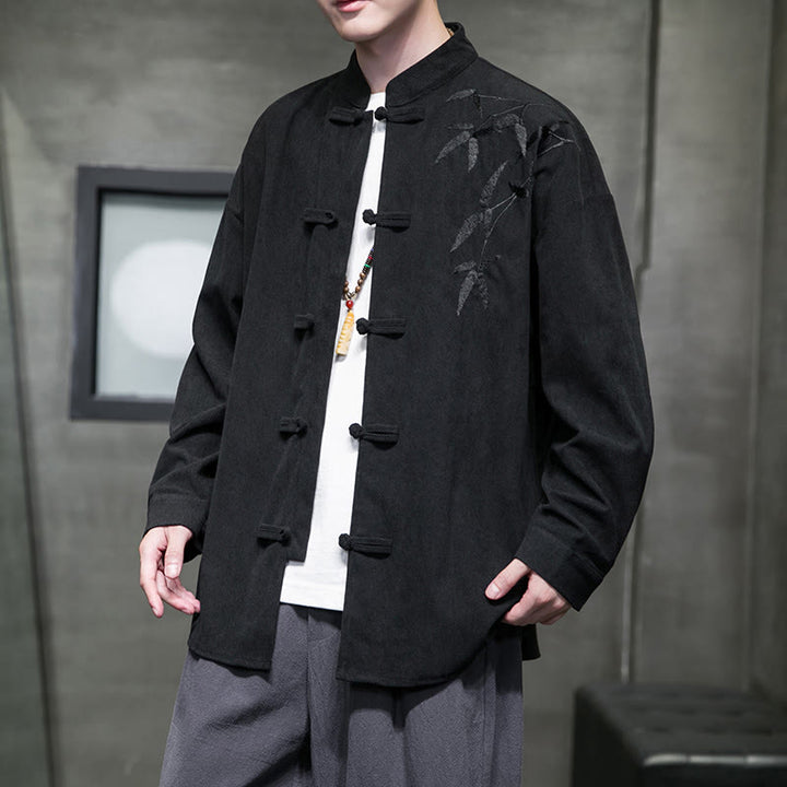 Giacca da uomo in velluto a coste di cotone a maniche lunghe con bottoni a rana, in bambù cinese ricamato, Buddha Stones - Nero - US/UK/AU48, EU58 (5XL) - image 28