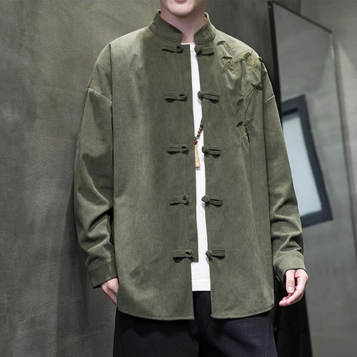 Giacca da uomo in velluto a coste di cotone a maniche lunghe con bottoni a rana, in bambù cinese ricamato, Buddha Stones - image 4