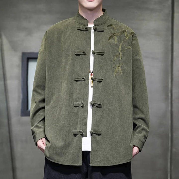 Giacca da uomo in velluto a coste di cotone a maniche lunghe con bottoni a rana, in bambù cinese ricamato, Buddha Stones - Verde oliva - US/UK/AU48, EU58 (5XL) - image 0