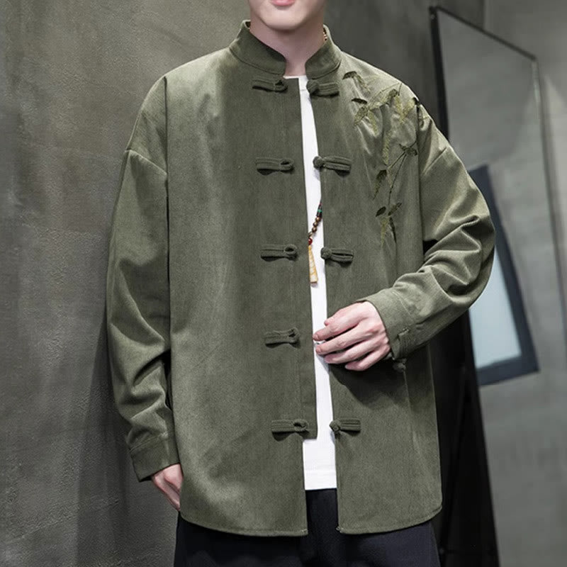 Giacca da uomo in velluto a coste di cotone a maniche lunghe con bottoni a rana, in bambù cinese ricamato, Buddha Stones - image 5