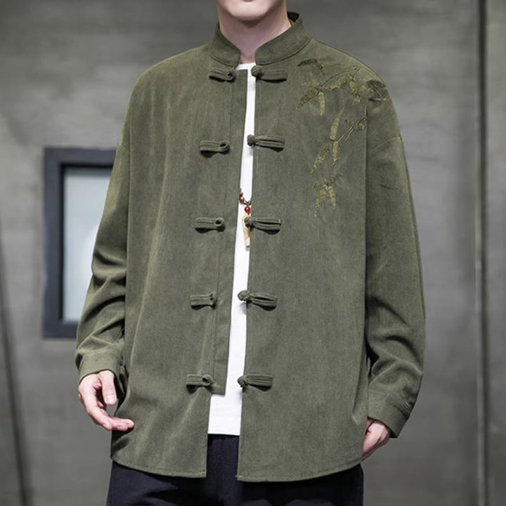 Giacca da uomo in velluto a coste di cotone a maniche lunghe con bottoni a rana, motivo cinese, con ricamo Buddha Stones Spring Bamboo - image 3