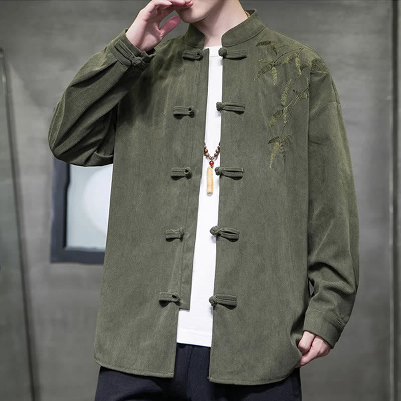 Giacca da uomo in velluto a coste di cotone a maniche lunghe con bottoni a rana, motivo cinese, con ricamo Buddha Stones Spring Bamboo - image 1