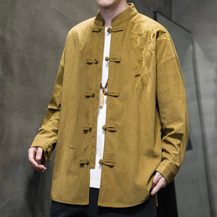 Giacca da uomo in velluto a coste di cotone a maniche lunghe con bottoni a rana, in bambù cinese ricamato, Buddha Stones - image 12