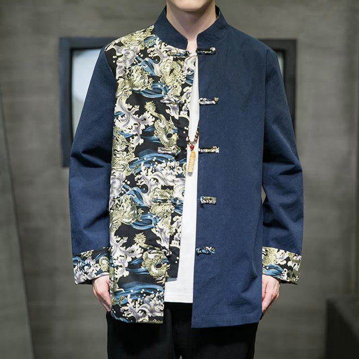 Giacca da uomo in cotone a maniche lunghe con bottoni a rana, motivo drago e stampa Buddha Stones a contrasto di colore - image 23