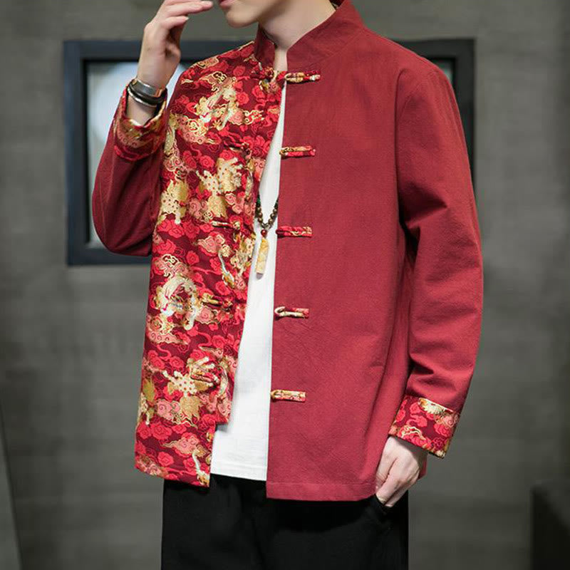 Giacca da uomo in cotone a maniche lunghe con bottoni a rana, motivo drago e stampa Buddha Stones a contrasto di colore - image 4