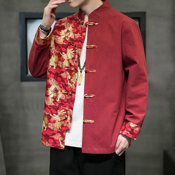 Giacca da uomo in cotone a maniche lunghe con bottoni a rana, motivo drago e stampa Buddha Stones a contrasto di colore - image 4