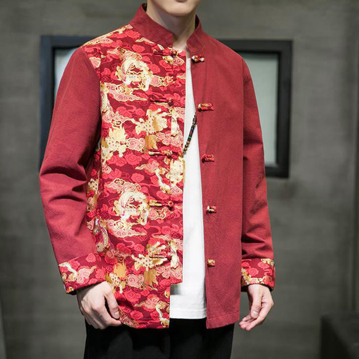 Giacca da uomo in cotone a maniche lunghe con bottoni a rana, motivo drago e stampa Buddha Stones a contrasto di colore - image 3