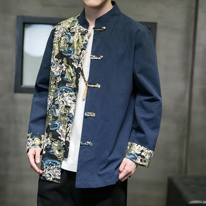 Giacca da uomo in cotone a maniche lunghe con bottoni a rana, motivo drago e stampa Buddha Stones a contrasto di colore - image 22