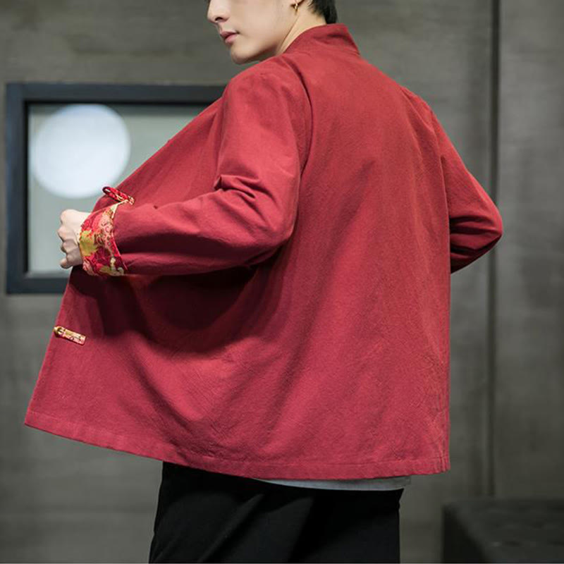 Giacca da uomo in cotone a maniche lunghe con bottoni a rana, motivo drago e stampa Buddha Stones a contrasto di colore - image 6