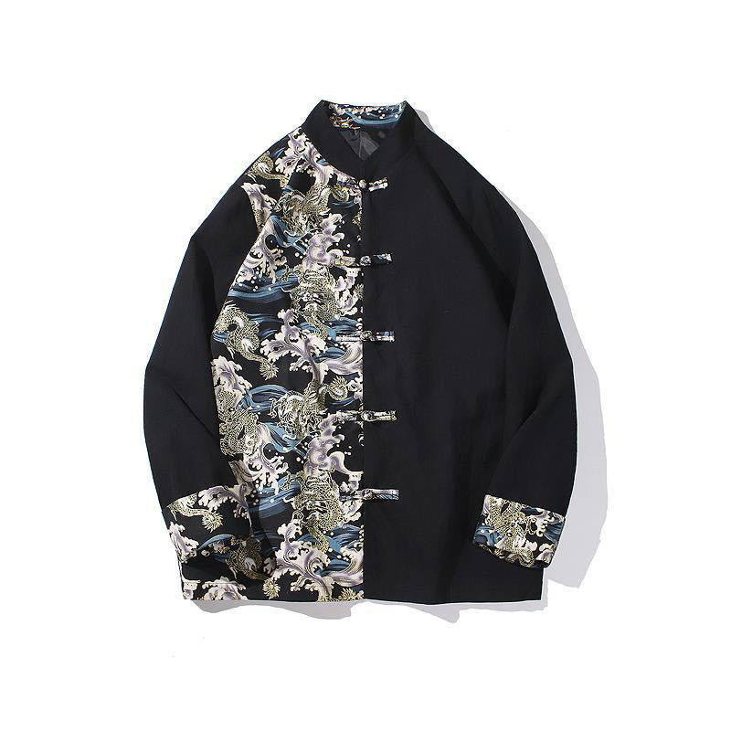 Giacca da uomo in cotone a maniche lunghe con bottoni a rana, motivo drago e stampa Buddha Stones a contrasto di colore - image 20
