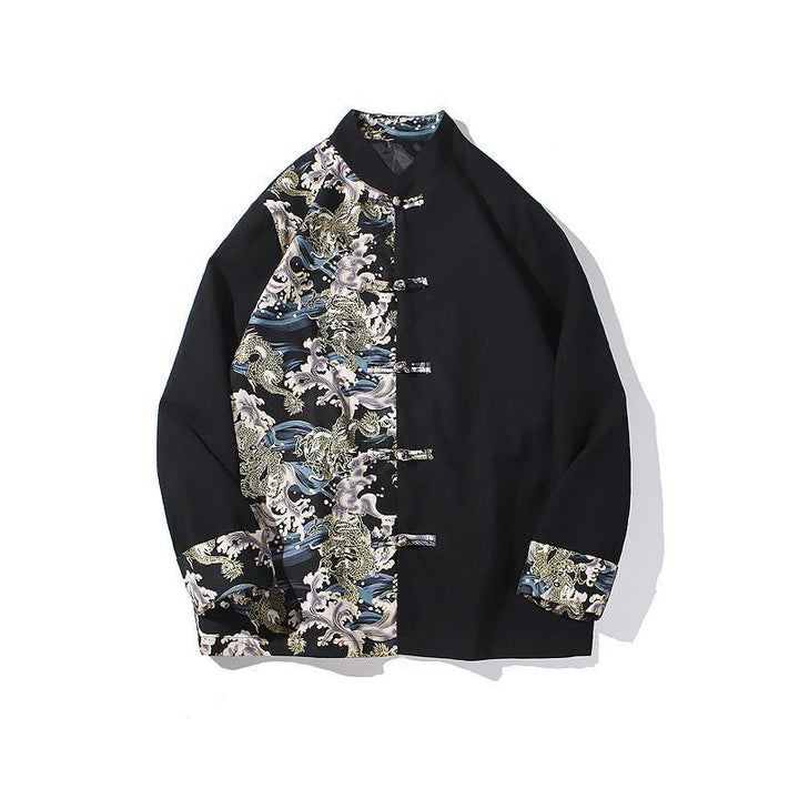 Giacca da uomo in cotone a maniche lunghe con bottoni a rana, motivo drago e stampa Buddha Stones a contrasto di colore - image 20