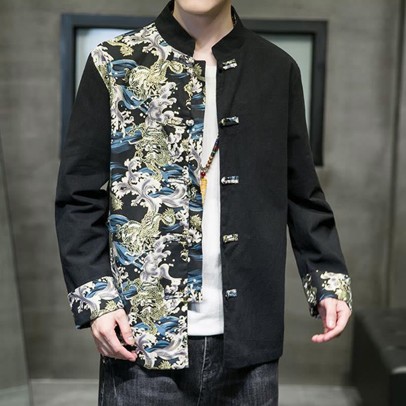 Giacca da uomo in cotone a maniche lunghe con bottoni a rana, motivo drago e stampa Buddha Stones a contrasto di colore - image 13