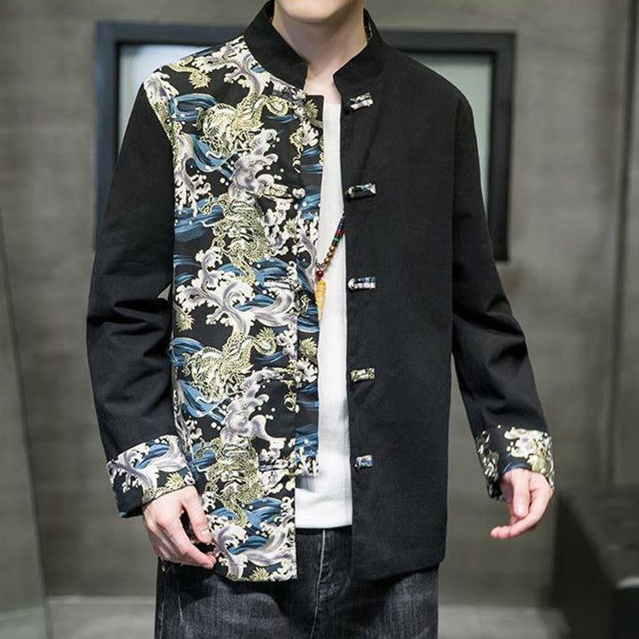 Giacca da uomo in cotone a maniche lunghe con bottoni a rana, motivo drago e stampa Buddha Stones a contrasto di colore - image 13