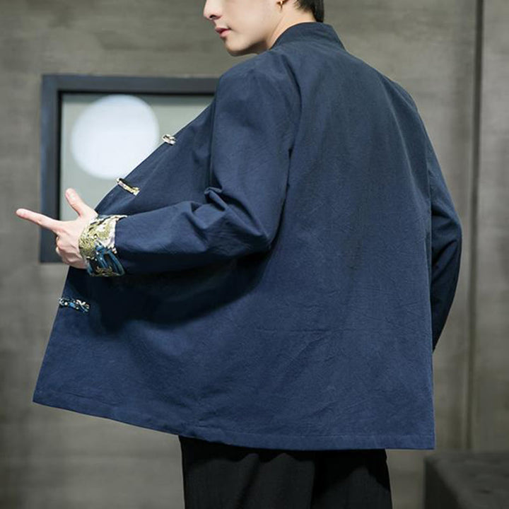 Giacca da uomo in cotone a maniche lunghe con bottoni a rana, motivo drago e stampa Buddha Stones a contrasto di colore - image 25