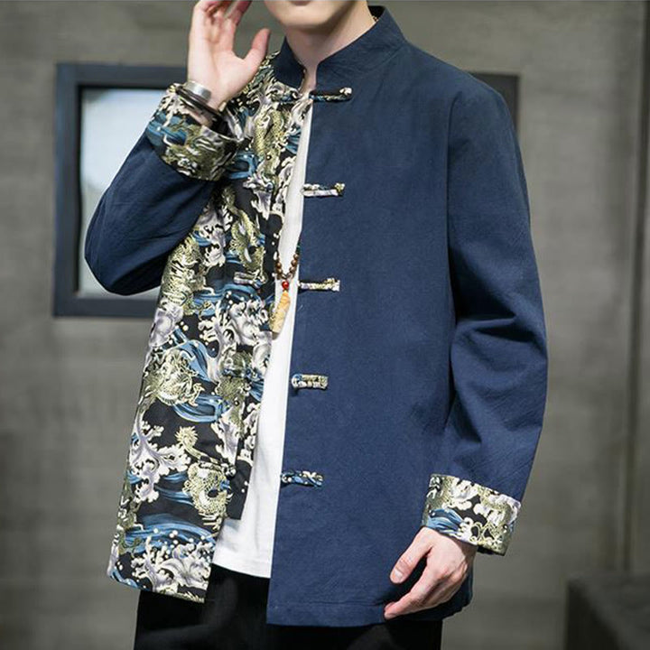Giacca da uomo in cotone a maniche lunghe con bottoni a rana, motivo drago e stampa Buddha Stones a contrasto di colore - image 24