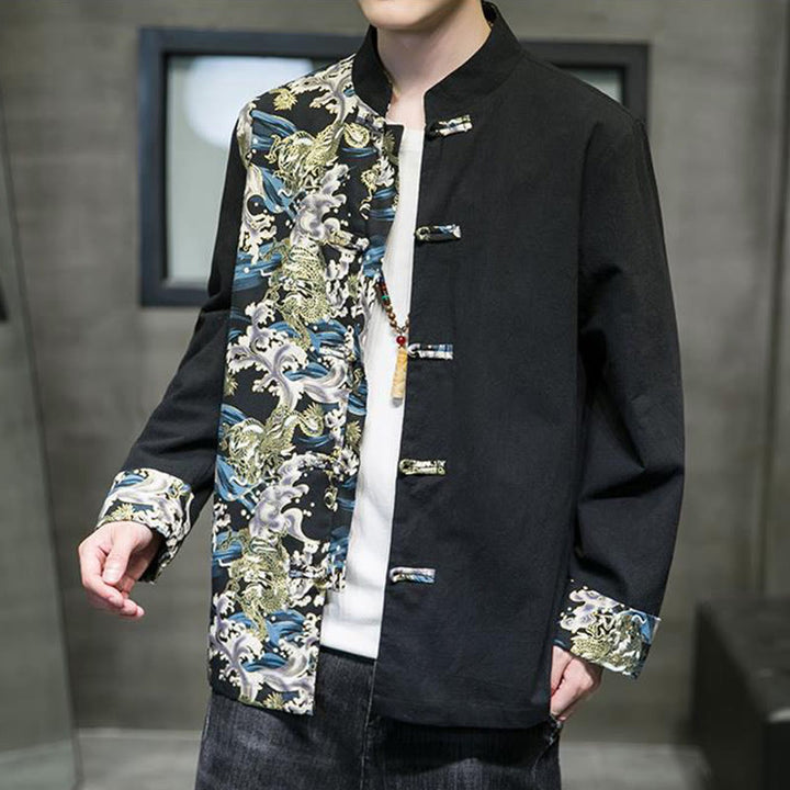 Giacca da uomo in cotone a maniche lunghe con bottoni a rana, motivo drago e stampa Buddha Stones a contrasto di colore - image 12