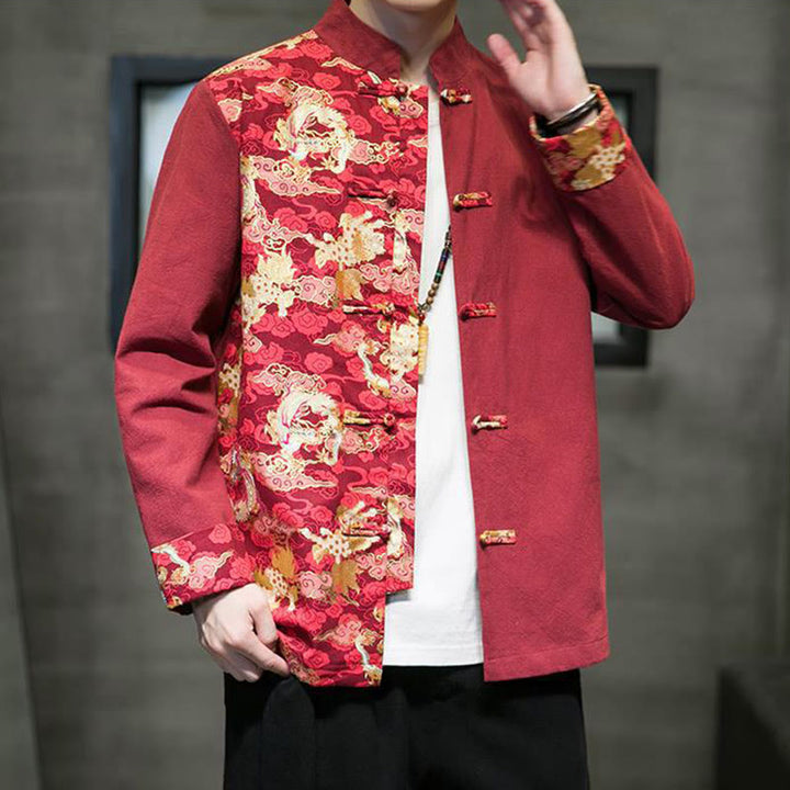 Giacca da uomo in cotone a maniche lunghe con bottoni a rana, motivo drago e stampa Buddha Stones a contrasto di colore - image 5