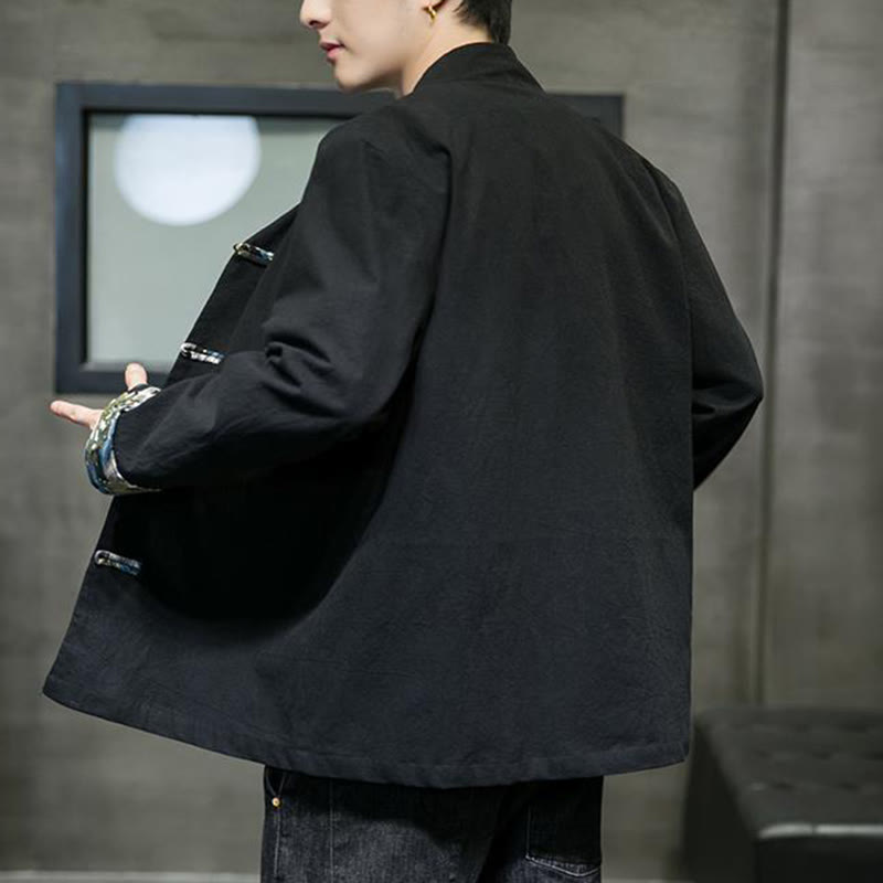 Giacca da uomo in cotone a maniche lunghe con bottoni a rana, motivo drago e stampa Buddha Stones a contrasto di colore - image 14