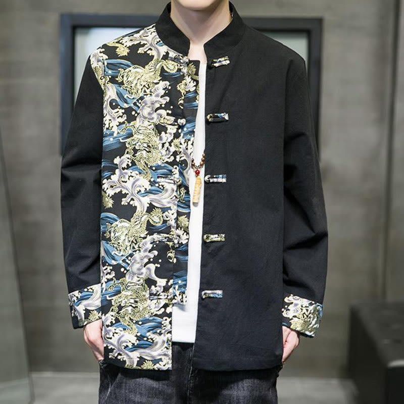 Giacca da uomo in cotone a maniche lunghe con bottoni a rana, motivo drago e stampa Buddha Stones a contrasto di colore - image 11