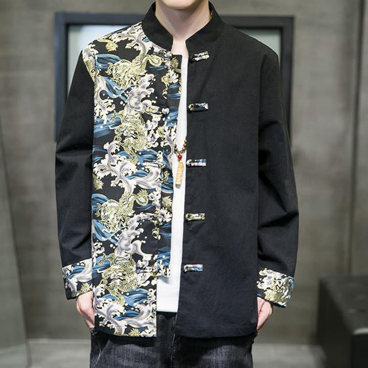 Giacca da uomo in cotone a maniche lunghe con bottoni a rana, motivo drago e stampa Buddha Stones a contrasto di colore - image 11