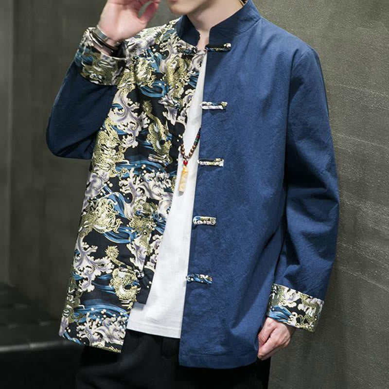 Giacca da uomo in cotone a maniche lunghe con bottoni a rana, motivo drago e stampa Buddha Stones a contrasto di colore - image 26