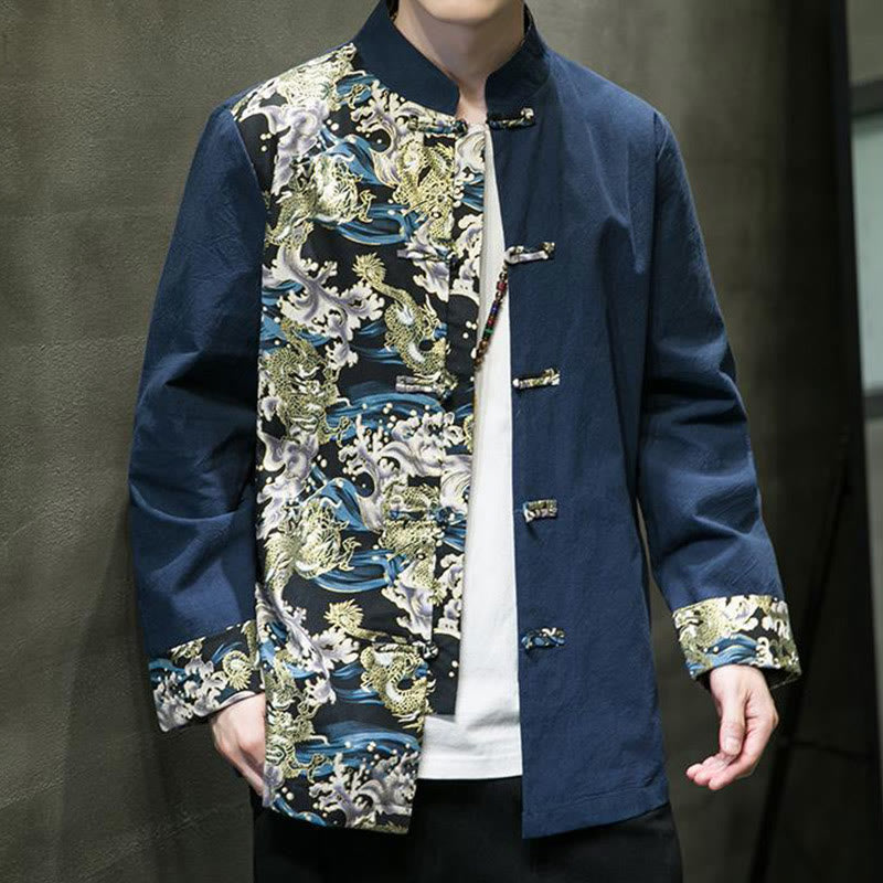 Giacca da uomo in cotone a maniche lunghe con bottoni a rana, motivo drago e stampa Buddha Stones a contrasto di colore - image 27
