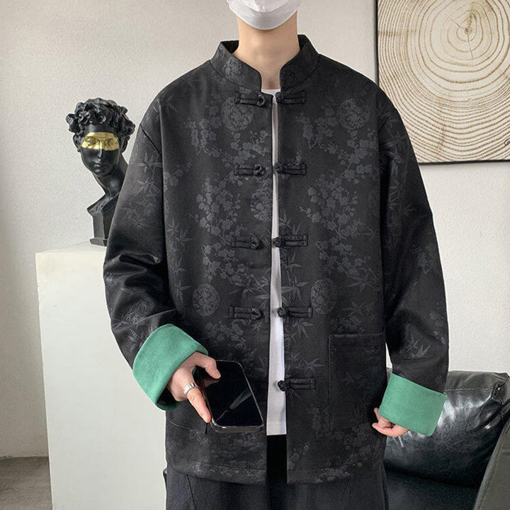 Giacca da uomo in cotone a maniche lunghe con bottoni a rana in bambù e jacquard Buddha Stones Fall con tasche - image 6