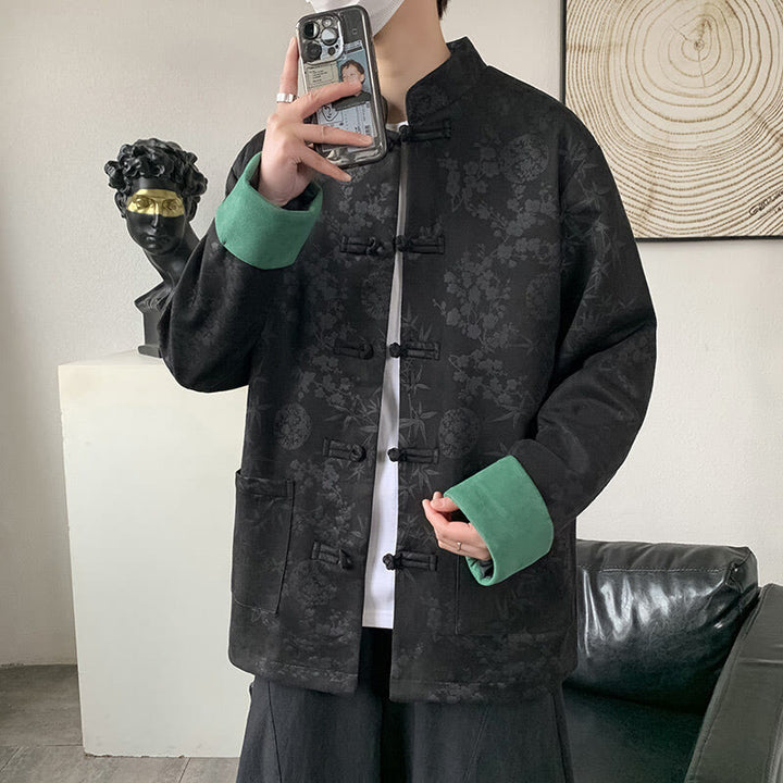 Giacca da uomo in cotone a maniche lunghe con bottoni a rana in bambù e jacquard Buddha Stones Fall con tasche - Nero - US/UK/AU46, EU56 (5XL) - image 5