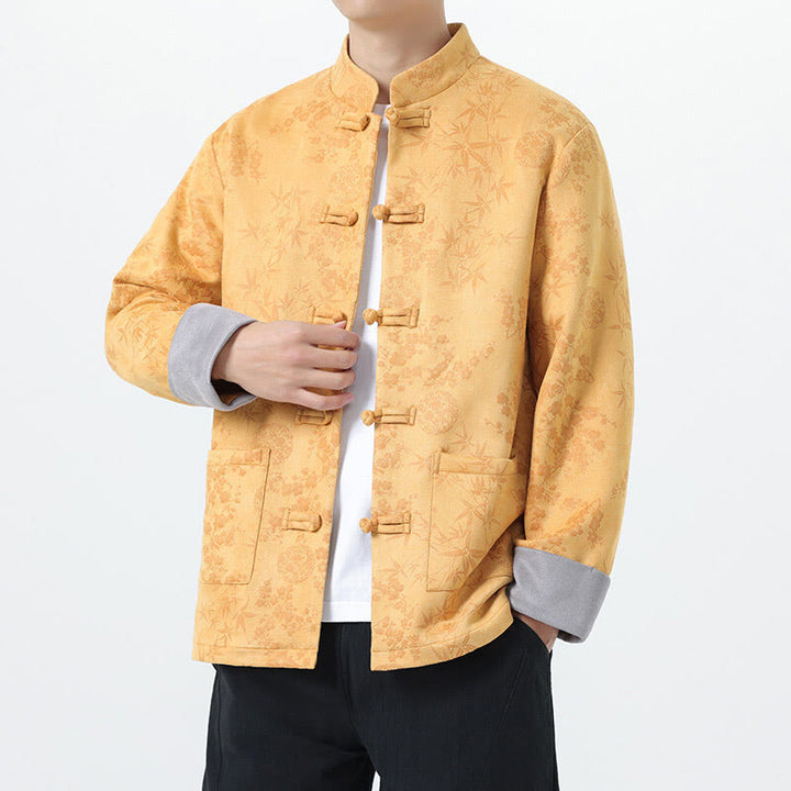 Giacca da uomo in cotone a maniche lunghe con bottoni a rana in bambù e jacquard Buddha Stones Fall con tasche - Oro - US/UK/AU46, EU56 (5XL) - image 1