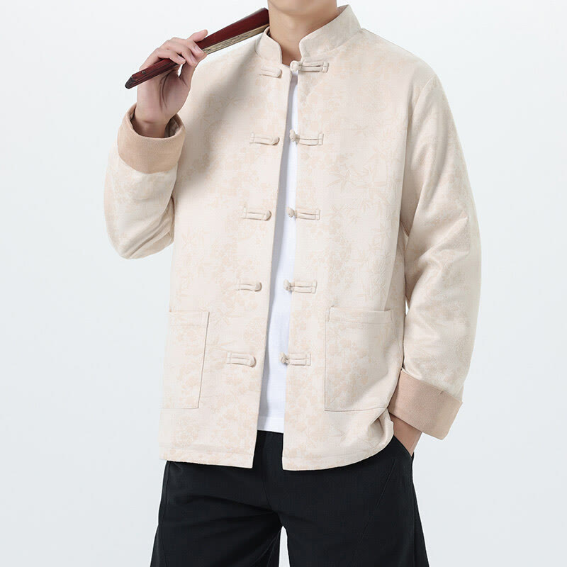 Giacca da uomo in cotone a maniche lunghe con bottoni a rana in bambù e jacquard Buddha Stones Fall con tasche - OldLace - US/UK/AU46, EU56 (5XL) - image 18