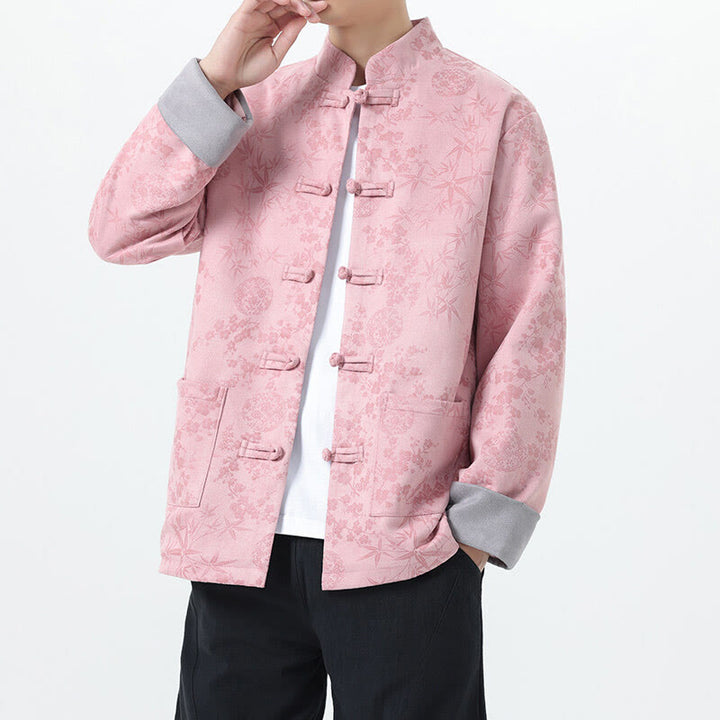 Giacca da uomo in cotone a maniche lunghe con bottoni a rana in bambù e jacquard Buddha Stones Fall con tasche - Rosa - US/UK/AU46, EU56 (5XL) - image 9
