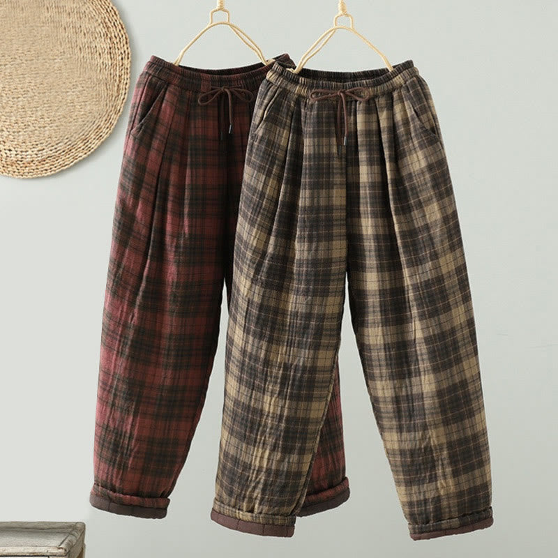 Pantaloni termici harem da donna con tasche e imbottitura in cotone con motivo a quadri multicolore Buddha Stones - image 15