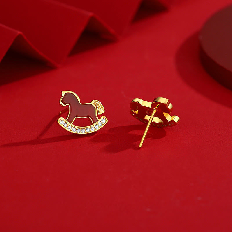 Orecchini Buddha Stones in argento sterling 925 con design dell'anno del cavallo e agata rossa, simbolo di fiducia - image 1