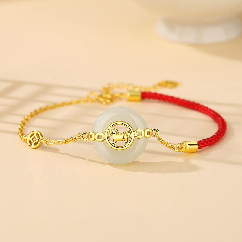 Bracciale con corda rossa e fibbia della pace in argento sterling 925 con Buddha Stones e giada di Hetian, anno del cavallo - image 0