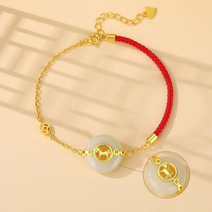 Bracciale con corda rossa e fibbia della pace in argento sterling 925 con Buddha Stones e giada di Hetian, anno del cavallo - image 2