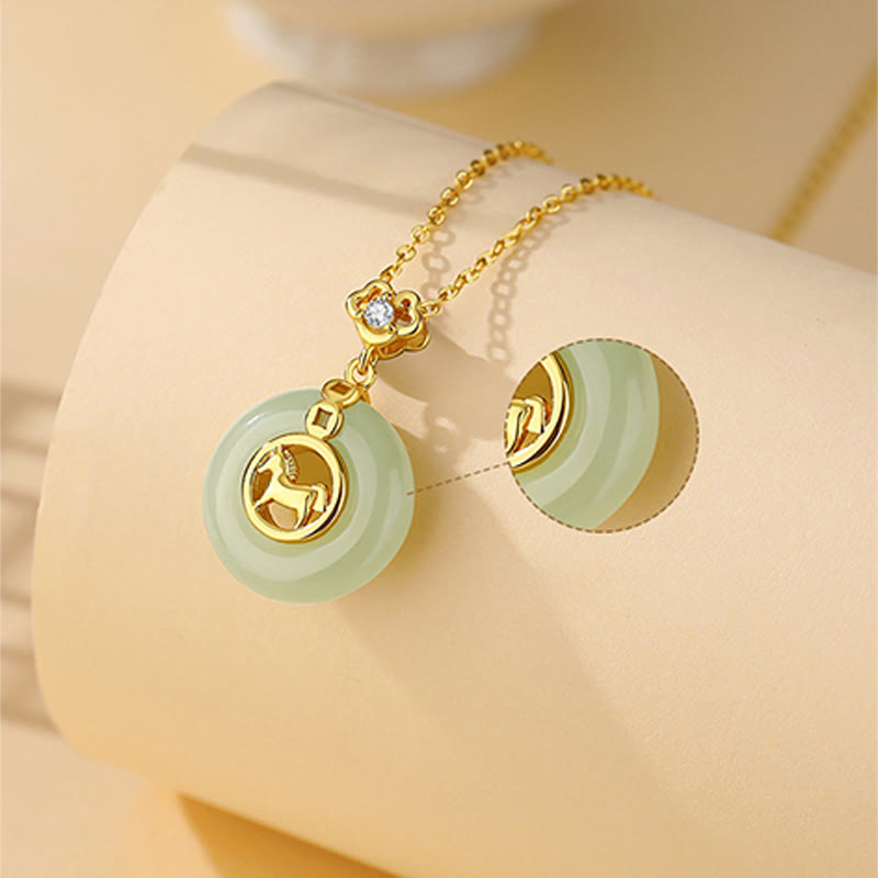 Collana con ciondolo portafortuna e fibbia della pace dell'anno del cavallo in argento sterling 925 con Buddha Stones e giada di Hetian - image 2