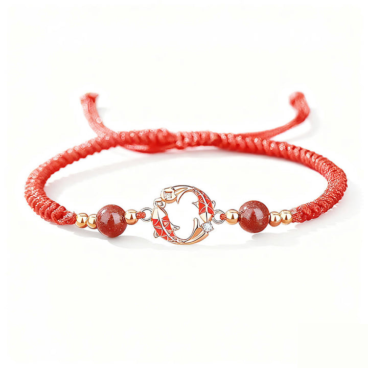 Bracciale Buddha Stones in argento sterling 925 placcato oro 18k con pesce koi e cordino rosso cinabro - image 2